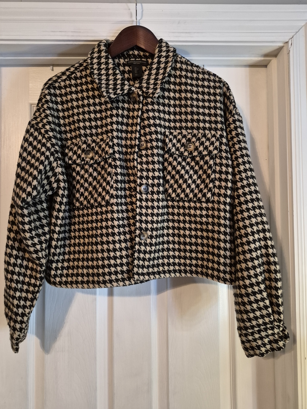 Christian Siriano Black & Cream Houndstooth  Cropped Wool Jacket Size Large